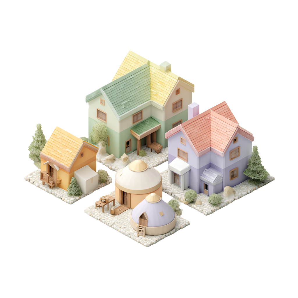 Illustration d'un ensemble de logements représentant les métiers de l'immobilier concernés par le configurateur 3D