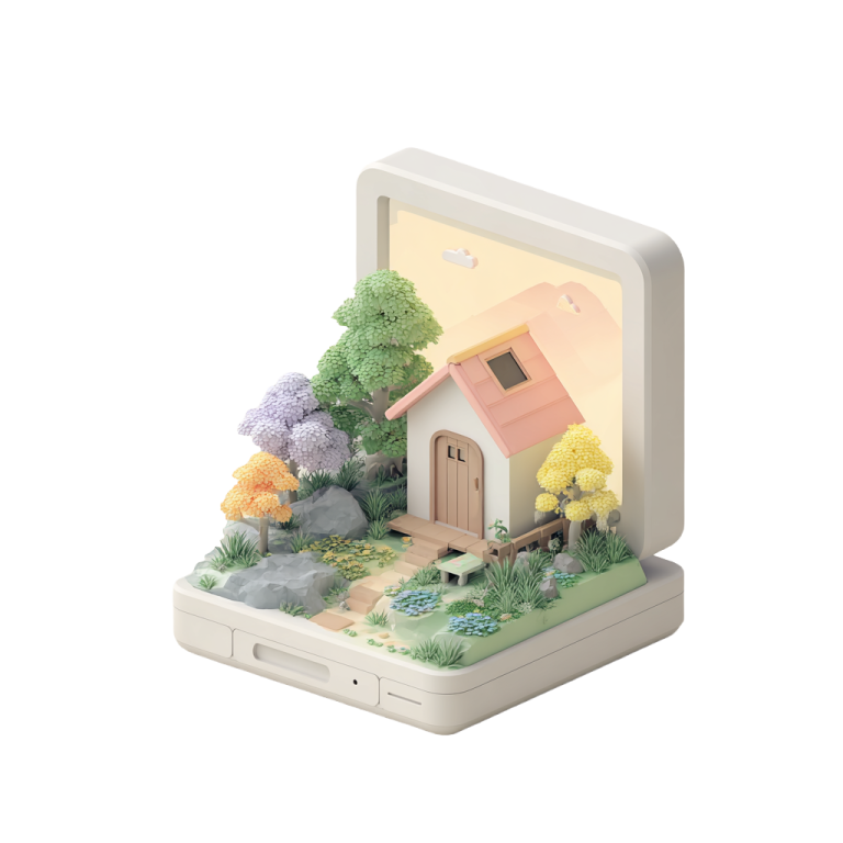 Illustration d'une maison en 3D sortant d'un écran d'ordinateur représentant la différenciation du catalogue immobilier