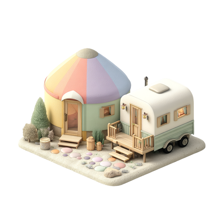 Illustration d'une yurt et d'une tiny house représentant les constructeurs d'habitats alternatifs ciblés par le configurateur 3D