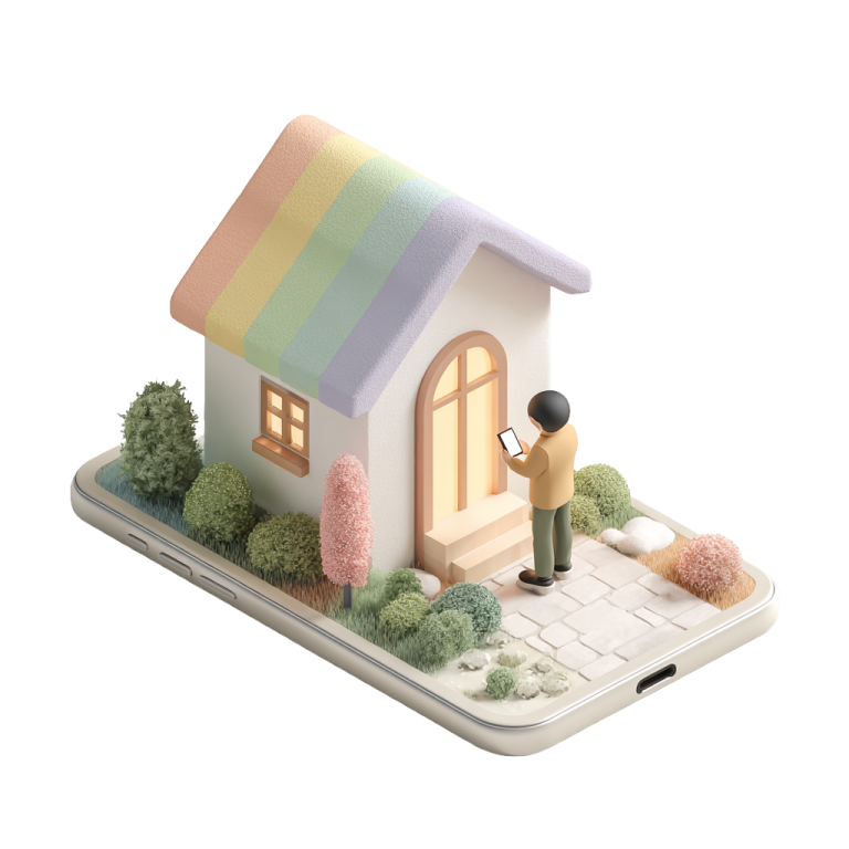 Illustration 3D d'une maison sortant d'un téléphone en cours de configuration