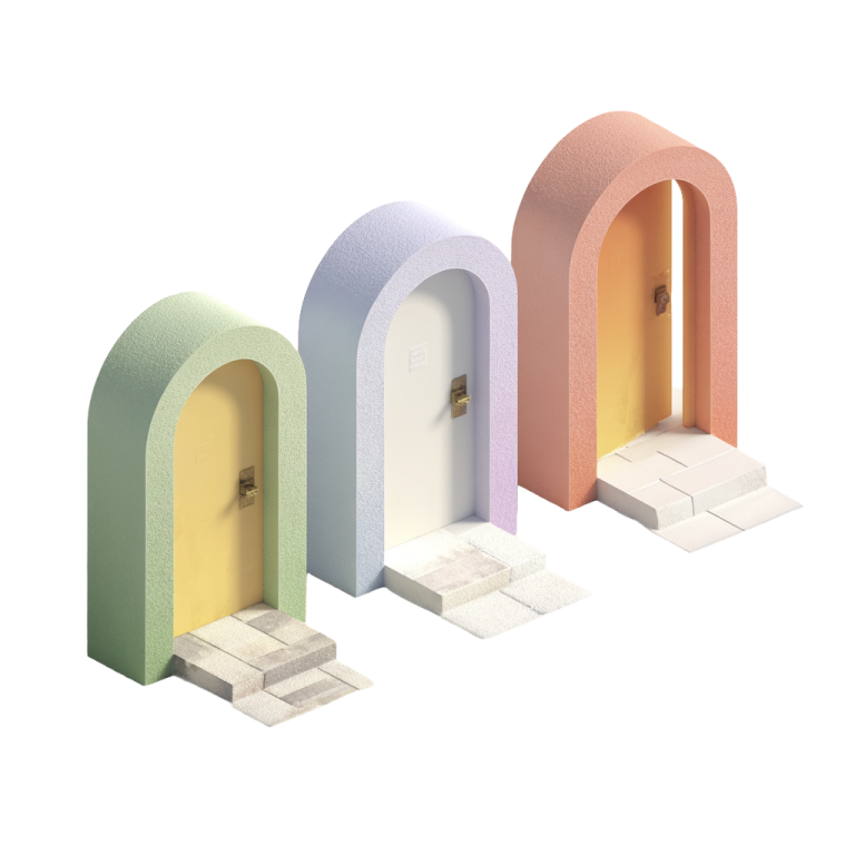 Illustration 3D de trois portes représentant les options visite virtuelle, image 3D et configurateur