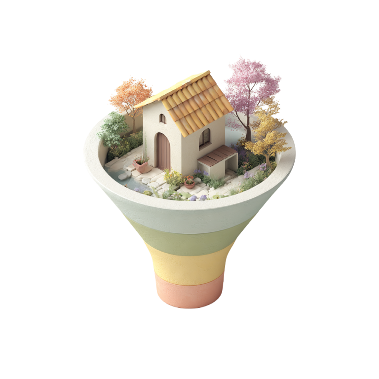 Illustration 3D d'une maison dans un entonnoir représentant un tunnel de vente