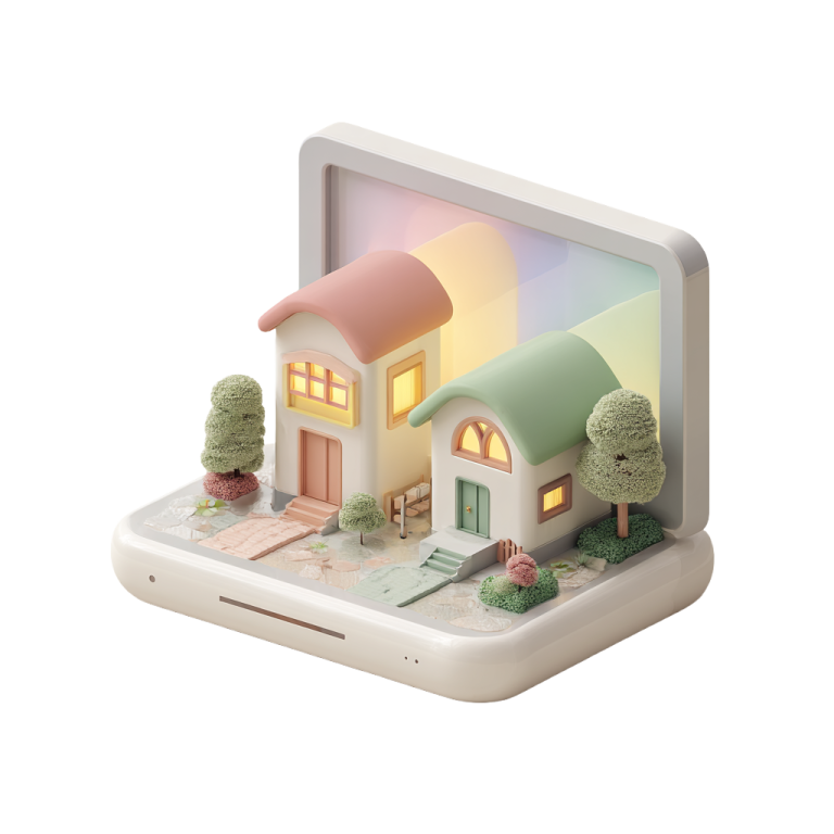 Illustration 3D d'une maison sortant d'un ordinateur